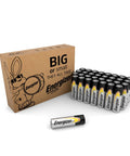 Dependable Alkaline Double A Batteries 32 Pack stacked in a cardboard box, ideal for everyday gadgets and emergencies.