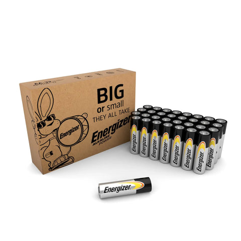 Dependable Alkaline Double A Batteries 32 Pack stacked in a cardboard box, ideal for everyday gadgets and emergencies.