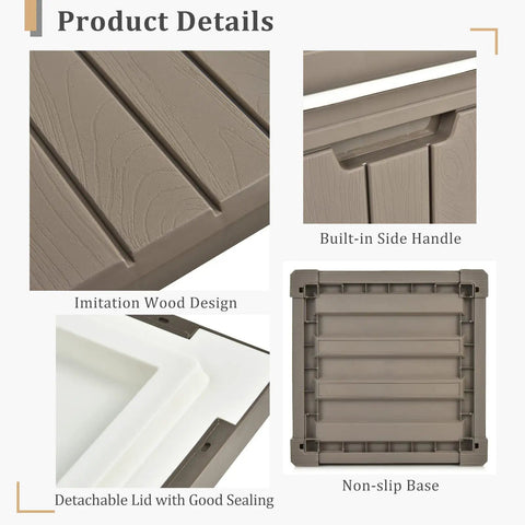 Close-up of light coffee 10-gallon polypropylene ice chest with detachable lid, built-in handle, and imitation wood design.