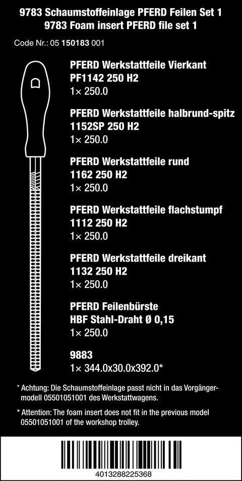 Product label for Pferd File Set 1 With Foam Insert 6 Piece Tool Organizer showing tool specifications and sizes.
