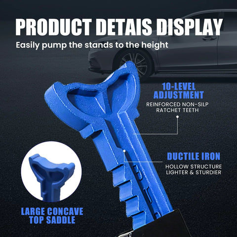 ANTPOWER 3-ton jack stand; close-up of blue ductile-iron top saddle with 10-level adjustment.