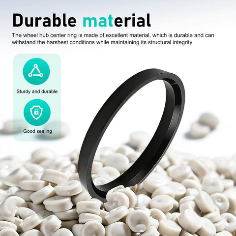 4 Pack Hub Centric Rings 66 6 To 57 1 Mm Plastic Adapters For All Cars And Trucks Black ring on plastic pieces background.