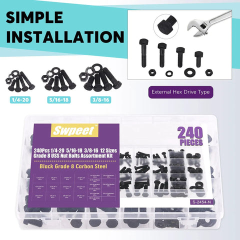 Tough As Nails Heavy Duty Carbon Steel Grade 8 Hex Bolts And Nuts Assortment Kit with black zinc finish, 240-piece set.
