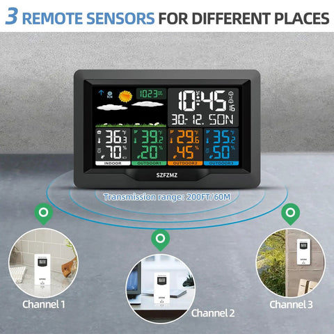 Wireless Weather Station With Indoor And Outdoor Sensors And 7 Inch Color Display Easy Setup Monitors Temperature And Humidity In Four Areas Real Time Forecast Digital Atomic Clock With Backlight A True Home Buddy For Living Room Bedroom Kitchen - 7-Inch display with weather data and three remote sensors