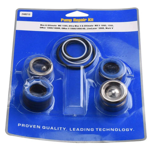 Pump Repair Kit 248213 for UltraMax II Airless Paint Sprayer 1095 1595 5900 10000, includes seals and parts on blue tray