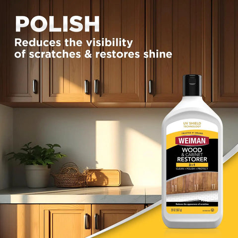 Revive Your Wood Furniture And Kitchen Cabinets With This Deep Cleaning Polish Bundle That Sweeps Away Grime Dust And Scratches While Locking In A Glossy Finish With UV Protection, displayed on a countertop.