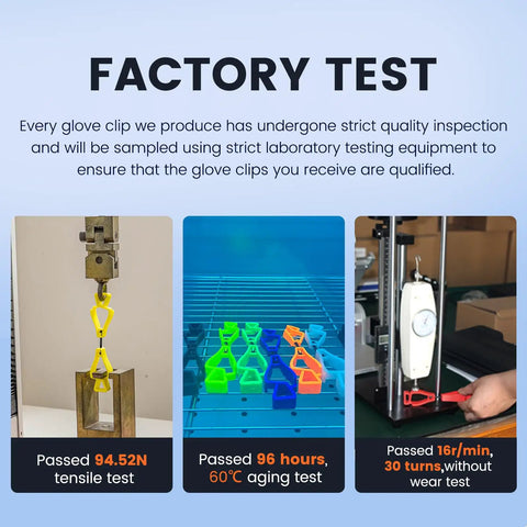 Yellow Glove Clips For Work Glove Holders 6 Pack Pro-Grade POM in factory testing process with tensile and durability tests.