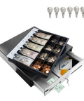 Heavy Duty 18 Inch POS Cash Drawer With Stainless Front And Ball Bearing Slides, Holds 5 Bills And 8 Coins, Removable Coin Tray.