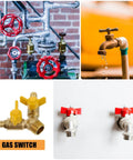 Hardened Brass Three Way Ball Valve With Dual Handles Quick Connect Y Pattern Body For Gas And Pneumatic Systems Built Tough With Rock Solid Seals No Sweat Operation Guaranteed, shown with yellow and red handles.