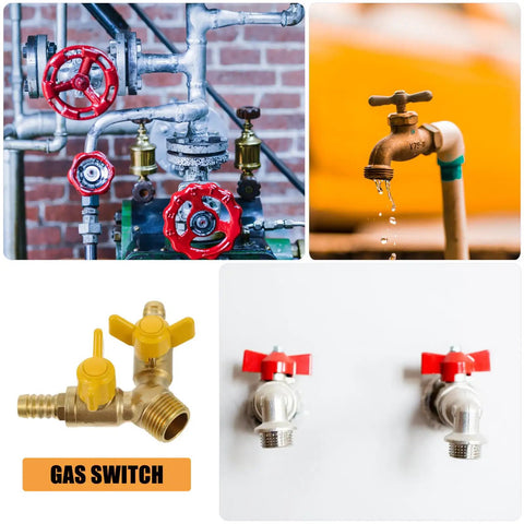 Hardened Brass Three Way Ball Valve With Dual Handles Quick Connect Y Pattern Body For Gas And Pneumatic Systems Built Tough With Rock Solid Seals No Sweat Operation Guaranteed, shown with yellow and red handles.