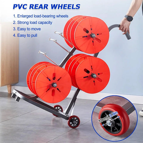 Heavy Duty Wire Spool Rack With Wheel For Industrial Cables And Ribbons, massive capacity, showing red spools and enlarged wheels