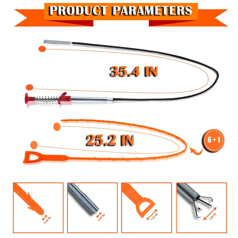 Extra Long Drain Cleaning Kit With 35.4 Inch Stainless Steel Rod And Six 25 Inch Plastic Drain Snakes For Deep Clogs In Kitchen
