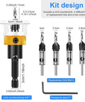 Six Piece Alloy Countersink Drill Bit Set With Depth Stop, includes drill bits and hex wrench for wood processing and carpentry.