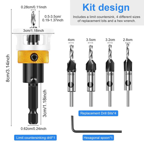 Six Piece Alloy Countersink Drill Bit Set With Depth Stop, includes drill bits and hex wrench for wood processing and carpentry.