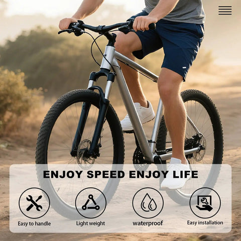 Cyclist riding mountain bike equipped with 7 Speed Right Twist Shifter Lever For Mountain Bike, Commuter Bike, And Folding Bike on path