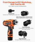 Cordless 5-In-1 Drill Driver Kit with Dual Speed, Quick-Change Chuck, Two Batteries, Charger, Tool Box, Attachments Visible