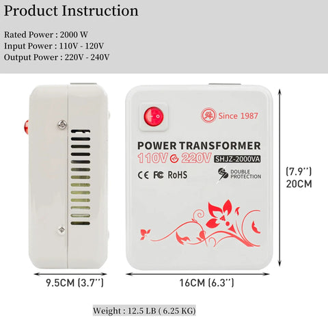 Heavy Duty 2000W Step Up Transformer 110V to 220V Voltage Converter with surge protection, white casing with floral design.
