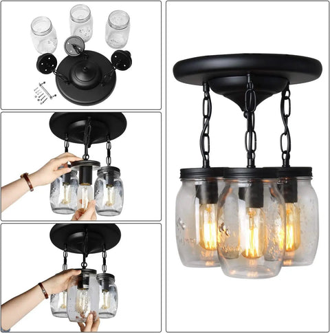 Dope 3-Light Glass Mason Jar Pendant Lights for Kitchen Island close-to-ceiling over-sink lighting, black metal canopy, installation example
