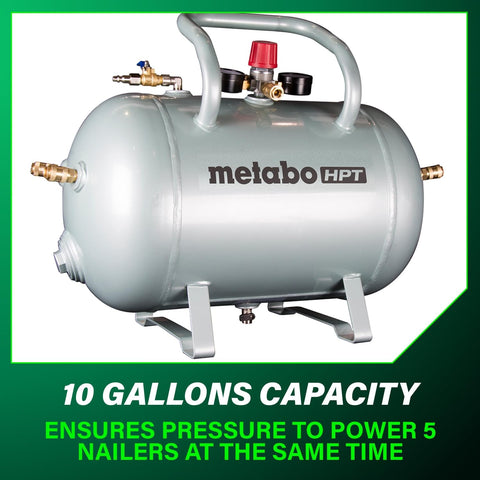 High Capacity 10 Gallon Air Tank With ASME Certification, 5 Quick Connects, angled steel legs, industrial gauge visible