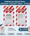 Image of three premium industrial lockout tagout tags with danger warning in 3 Piece Gate Valve Lockout Kit, showing dimensions and features.
