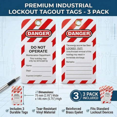 Image of three premium industrial lockout tagout tags with danger warning in 3 Piece Gate Valve Lockout Kit, showing dimensions and features.