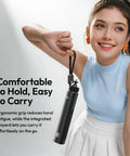 Woman holding 10000mAh Battery Grip For Cameras With Hidden 360 Degree Tripod Base and real-time backlit LCD in blue dress