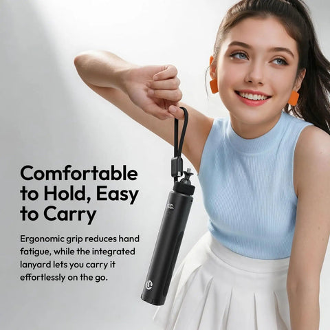 Woman holding 10000mAh Battery Grip For Cameras With Hidden 360 Degree Tripod Base and real-time backlit LCD in blue dress
