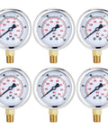 Six 2.5-inch glycerin-filled pressure gauges with brass 1/4 in NPT lower mount and stainless steel case, IP67.