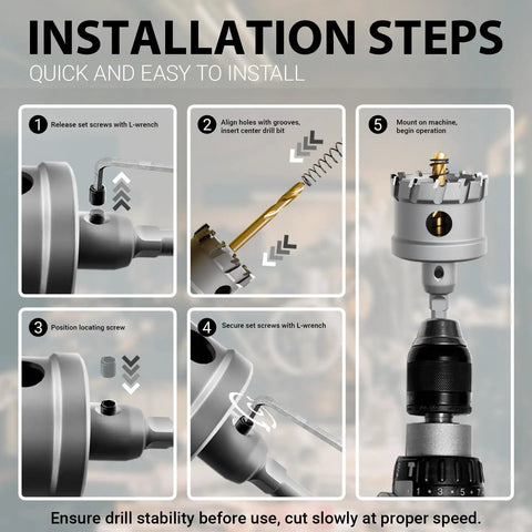 Installation steps for Heavy Duty 20 Piece Carbide Hole Saw Kit 1/2 To 2-1/8 Inch with titanium pilot drill.