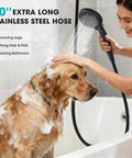 Filtered Handheld Shower Head With BuiltIn Filter, High Pressure 8Mode Showerhead, 80 Inch Hose, woman washing dog