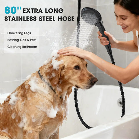 Filtered Handheld Shower Head With BuiltIn Filter, High Pressure 8Mode Showerhead, 80 Inch Hose, woman washing dog