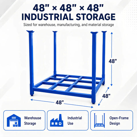 Built Like A Tank Portable Stack Racks 4000 Lb Capacity Each open-frame blue steel rack 48 x 48 x 48 inches for warehouse storage.
