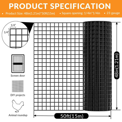 Heavy Duty 1/4 Inch Black Vinyl Chicken Wire Fence Roll, 23 Gauge Rust Fighting Hardware Cloth For Backyards And Barns dimensions and grid details