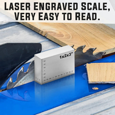 Dope 15 Piece Aluminum Setup Block Set With Laser Etched Markings And Storage Case For Router Table Saw Fence And Blade Adjustments Precise Height Gauges For Woodworking Projects, showing block next to saw blade on table.