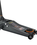 Amazon 3-Ton low-profile hydraulic floor jack with dual pistons, gray steel body, orange accents and long handle