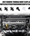 Car engine with 100 Piece Car Bumper Clips Set With Storage Box, 6 Sizes Plastic Retainer Push Pin Rivets displayed above.