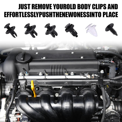 Car engine with 100 Piece Car Bumper Clips Set With Storage Box, 6 Sizes Plastic Retainer Push Pin Rivets displayed above.
