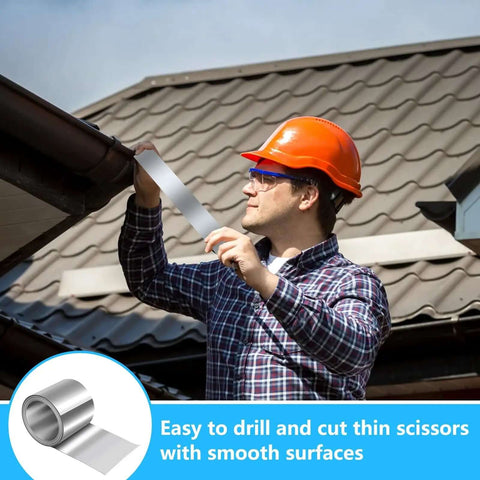 Worker installing Aluminum Flashing Roll 6 Inch By 10 Foot 32 Gauge For Roofing Panels And DIY Projects Weatherproof Sealant