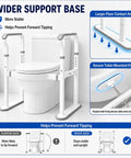 Rock Solid Toilet Safety Rails For Seniors With Adjustable Height And Width No Drill Install Heavy Duty Metal Frame Large Oval Base And Built In Night Light Grips For Handicapped wider support base for added stability beside a toilet.