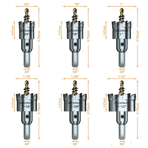 Beefy Built Tough Tungsten Carbide Tipped Hole Saw Kit For Stainless Steel And Metal, Six Piece Set displayed in different sizes
