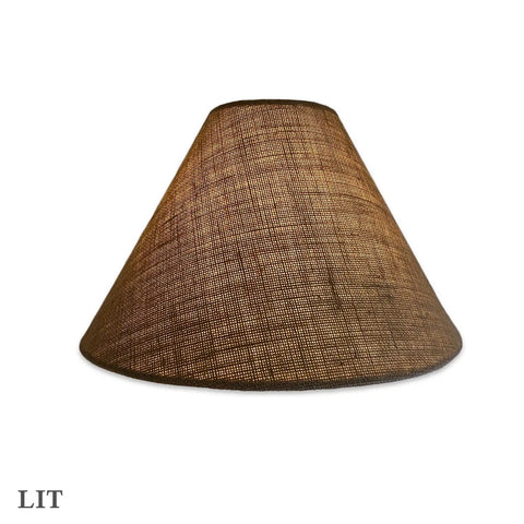 Hardback Lamp Shade Burlap Exterior With Off White Lining 5 X 14 X 9.5 Inches, V Notch Fitter, lit view