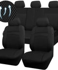 All Black 3D Air Mesh Car Seat Covers With 5mm Foam Padding, Airbag Compatible, Universal Fit For SUV Vans Sedans And Trucks, Full Set Interior Covers shown on front and rear seats with close-up of breathable mesh pattern.