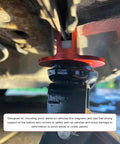 Universal Magnetic Jack Pad 0.4 Inch Slotted Built Tough Aluminum Grooved Jack Puck Adapter in use under vehicle frame.