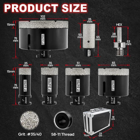 Amazon DT-DIATOOL diamond core drill kit with 25/35/51/65/102mm bits and 25mm diamond finger bit; vacuum brazed hole saw set
