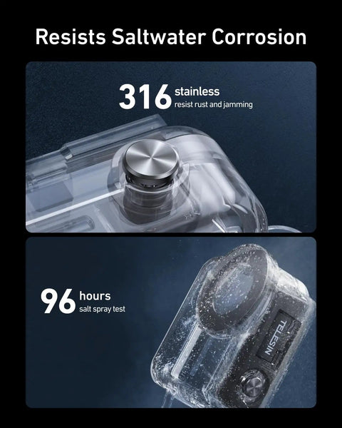 Close-up of Waterproof Protective Case for DJI Osmo Nano Xtra with stainless button, highlighting saltwater corrosion resistance.