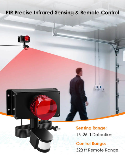 Motion Sensor Alarm System With IoT Remote Control Human Infrared Detection Security Siren Light in a garage setting.