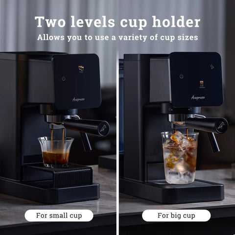 Badass Home Espresso Maker With Slick Touchscreen Interface And 20 Bar Pump Pulls Knockout Shots For Smooth Lattes Or Quick Cold Brew Featuring Full Milk Frothing Setup With Generous 41oz Water Tank with two-level cup holder for small and large cups.