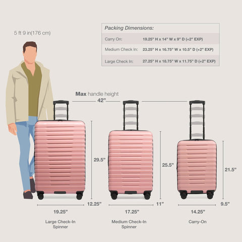 U.S. Traveler Boren rose-pink hardside luggage set with 8 spinner wheels: large 30-inch, medium check-in, and carry-on.