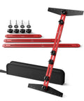 Adjustable Stair Tread Template Tool And Woodworking Stair Gauge Jig with red aluminum rods, measuring 8, 12, and 16 inches.