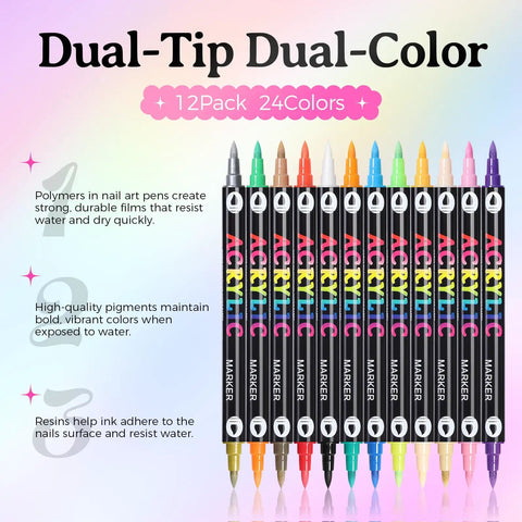 24 Colors Dual Ended Nail Art Pens Set With Quick Dry Acrylic Paint Markers displayed in 12 vibrant shades